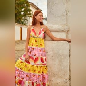 NWT FARM RIO MIXED PICNIC CASHEW MAXI DRESS IN MIX PRINT LARGE